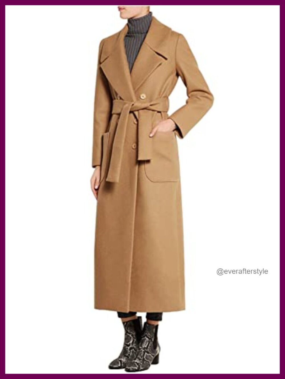 Wool Blend Overcoat Double Breasted Belted Lapel Collar Long Coat
